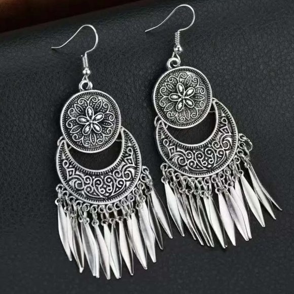 PERSIAN FILIGREE "SUN & CRESCENT" DANGLY SILVERY CONES EARRINGS  42 - Picture 3 of 3